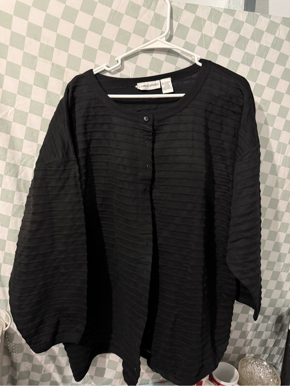 Vintage Lauren Brooke Black Crinkle Textured Kit Cardigan Button-Front